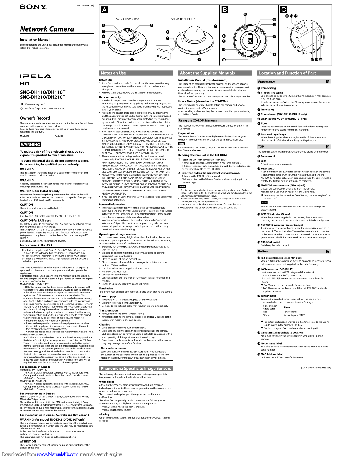 Sony SNC-DH110, SNC-DH210, SNC-DH210T, SNC-DH110T Installation Manual