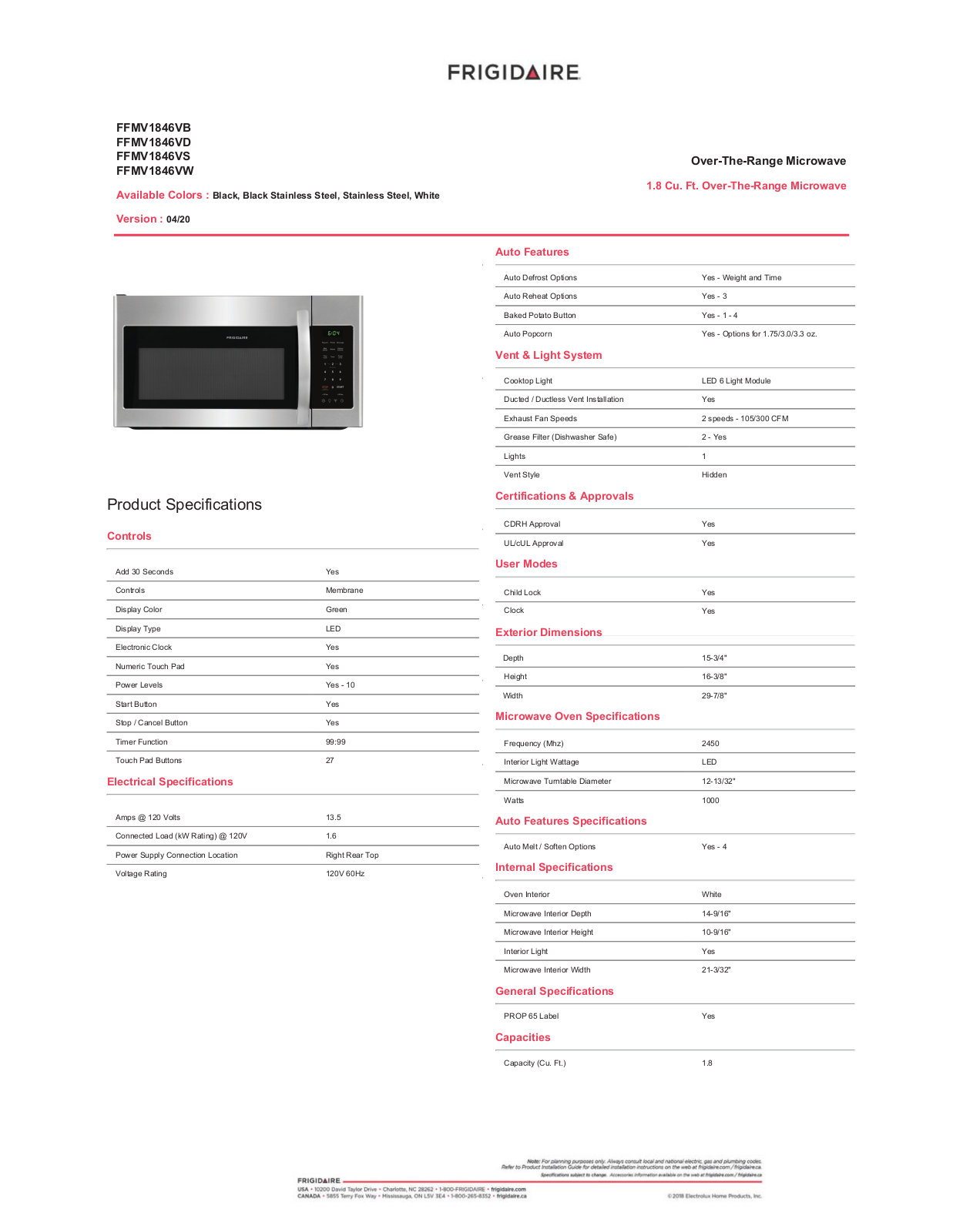 Frigidaire FFMV1846VW Specifications