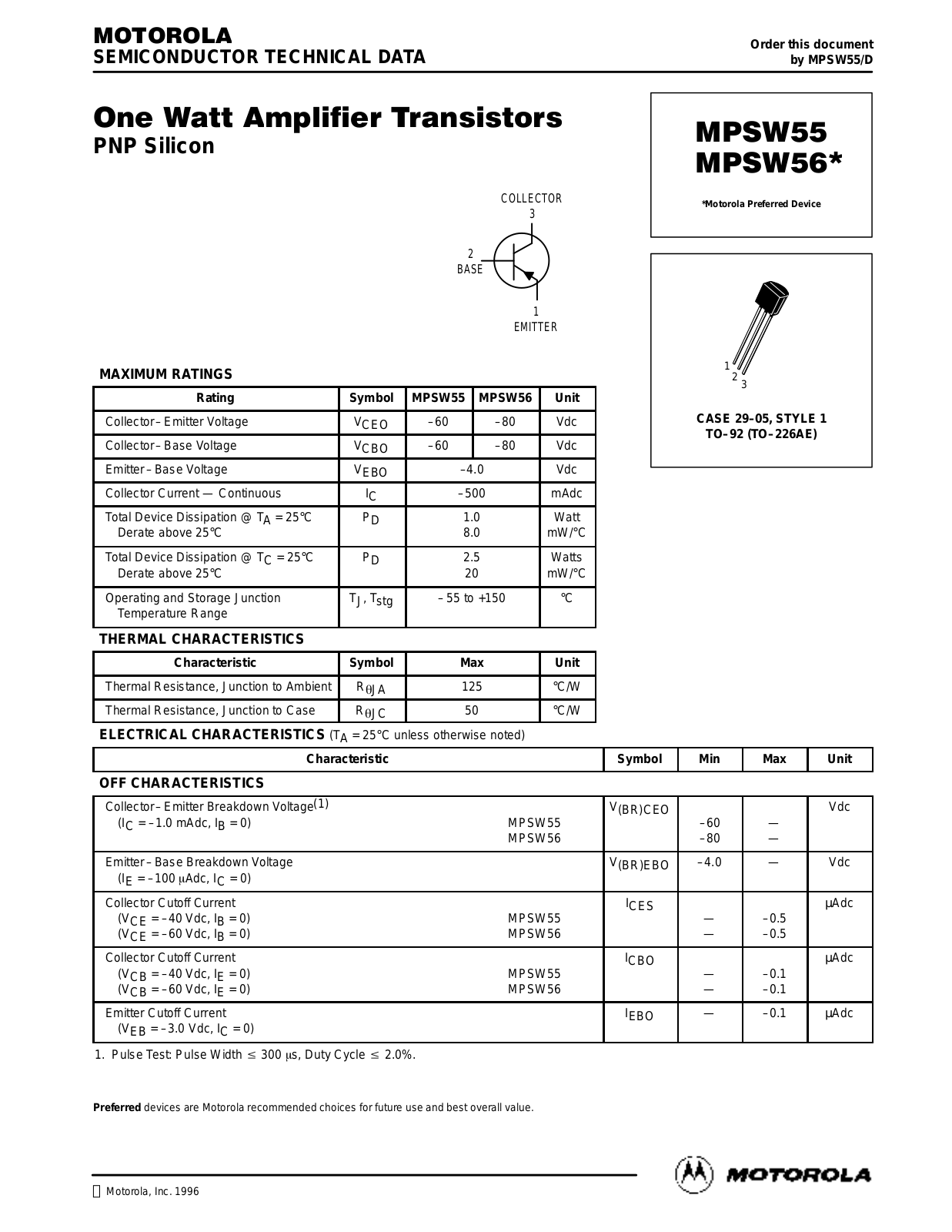 Motorola MPSW55 Datasheet