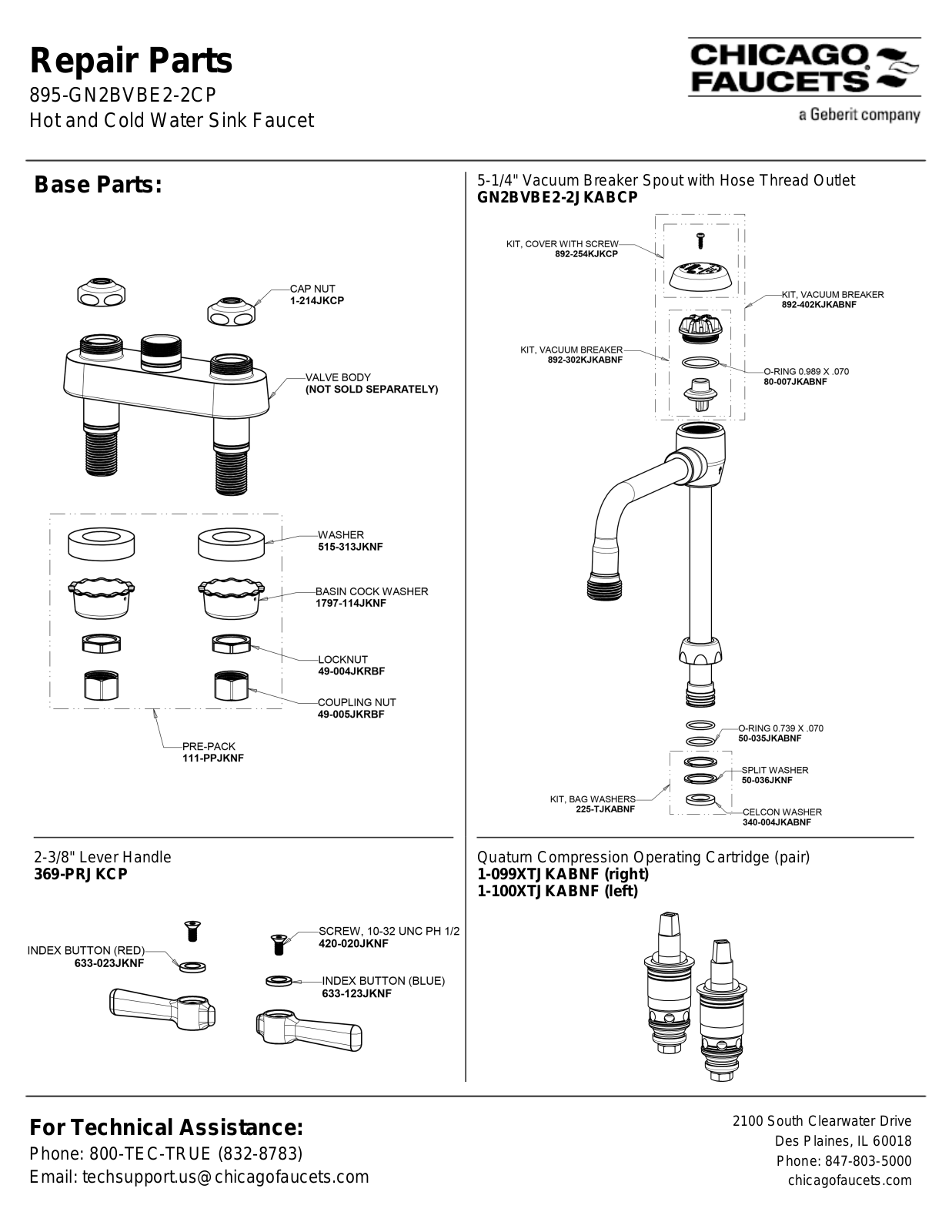 Chicago Faucet 895-GN2BVBE2-2 Parts List