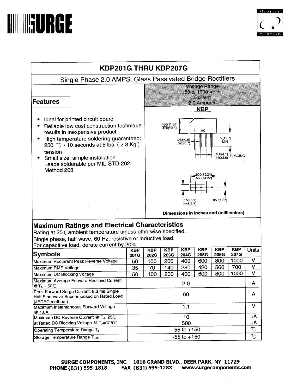 SURGE KBP205G, KBP207G, KBP206G, KBP201G, KBP203G Datasheet