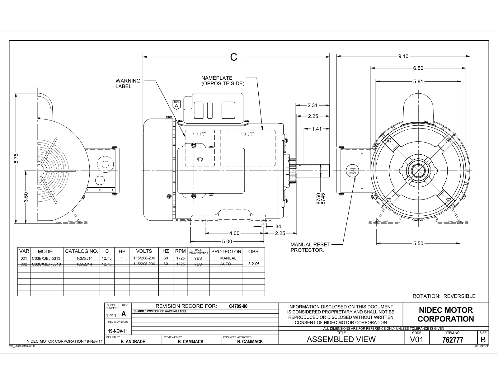 US Motors T1CM2J14 Dimensional Sheet