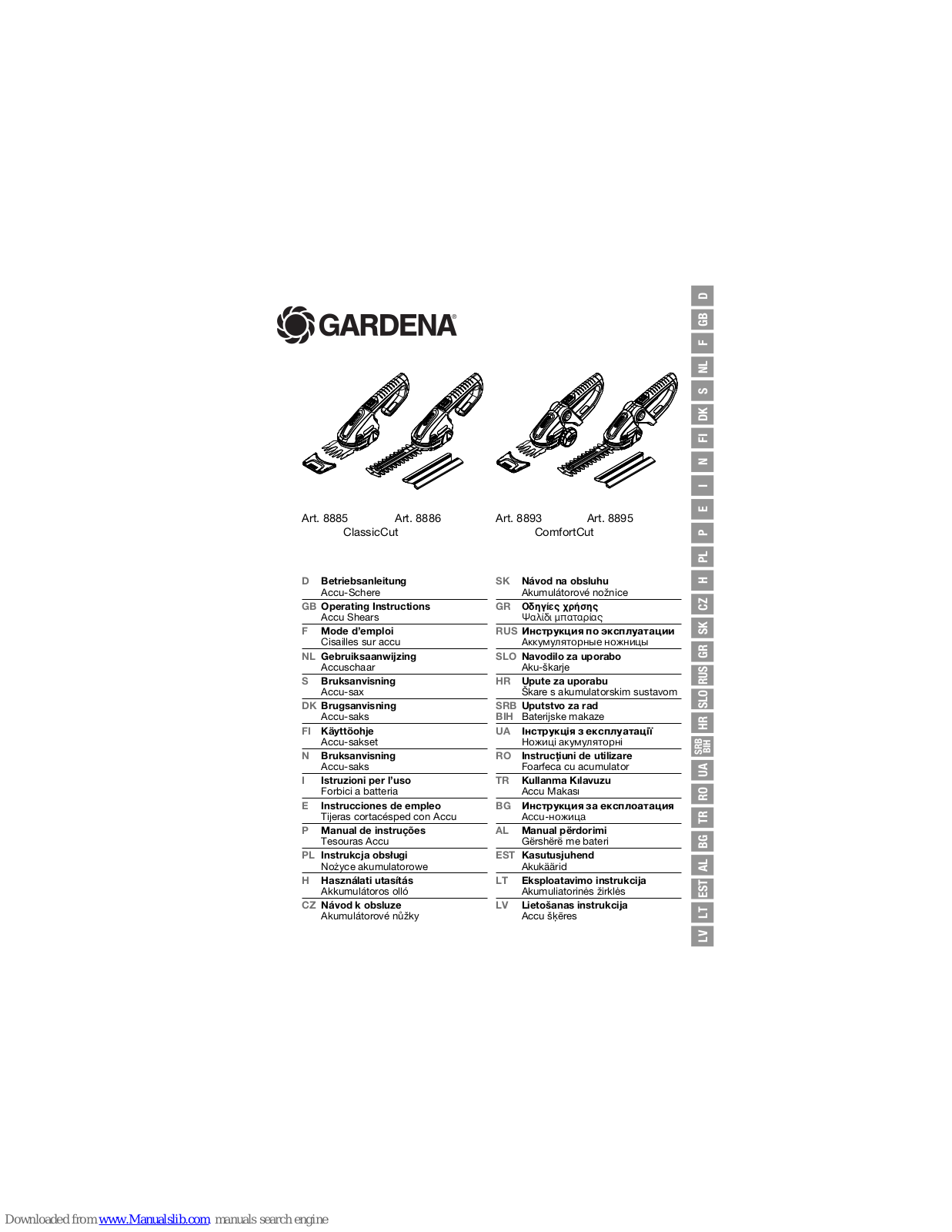 Gardena ClassicCut 8885, B ComfortCut 8895, ClassicCut 8886, ComfortCut 8893 Operating Instructions Manual