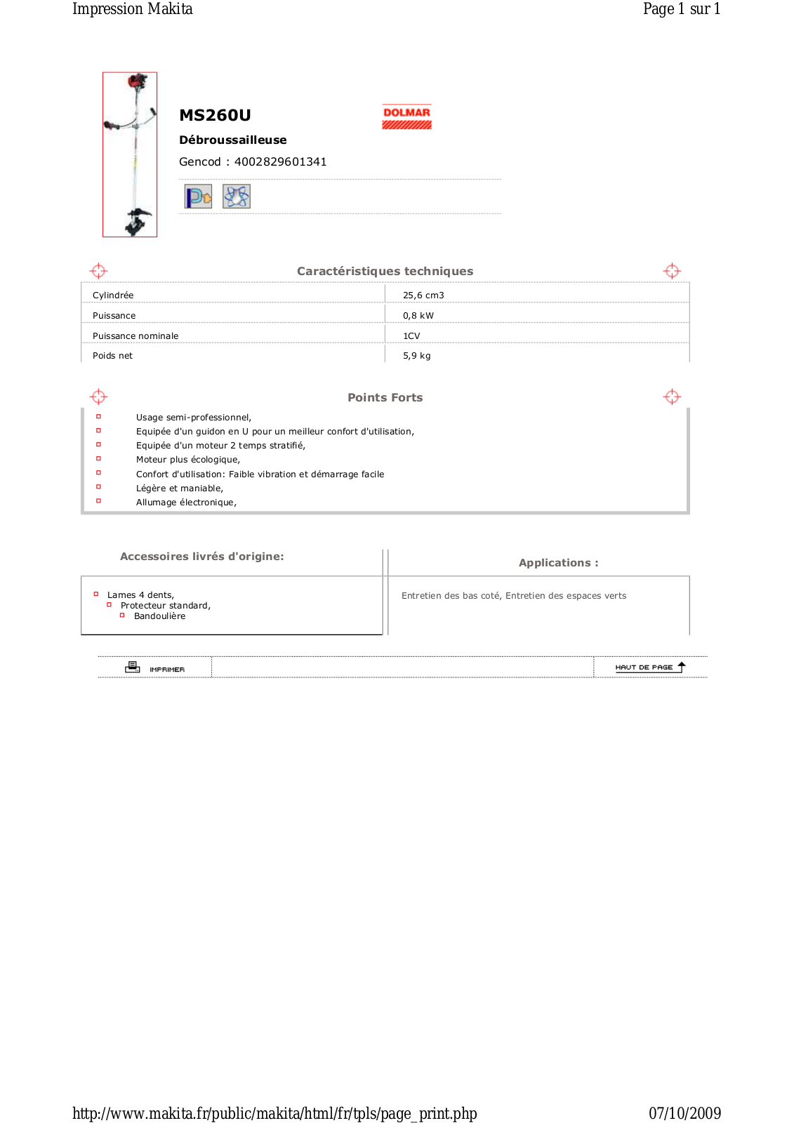 Makita MS260U TECHNICAL CHARACTERISTICS