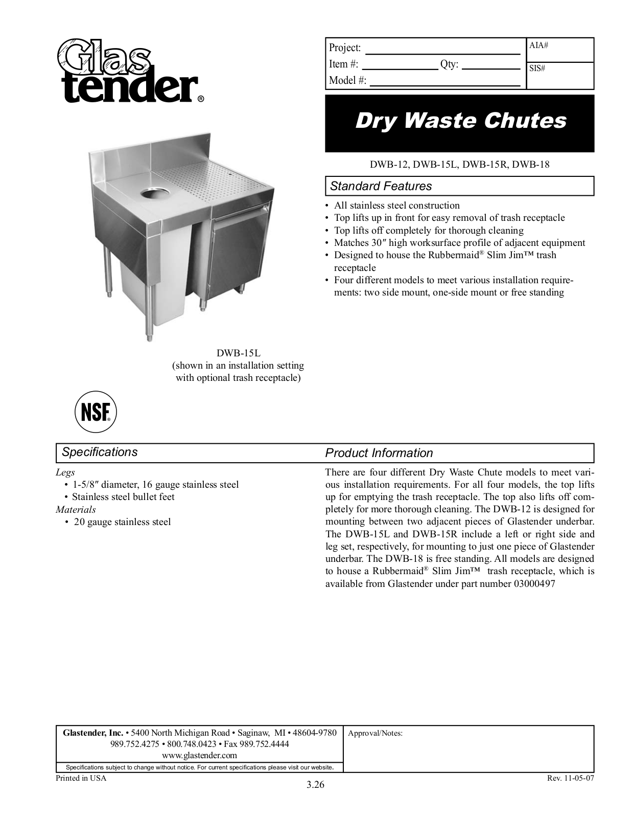 Glastender DWB-15L, DWB-15R, DWB-18 General Manual