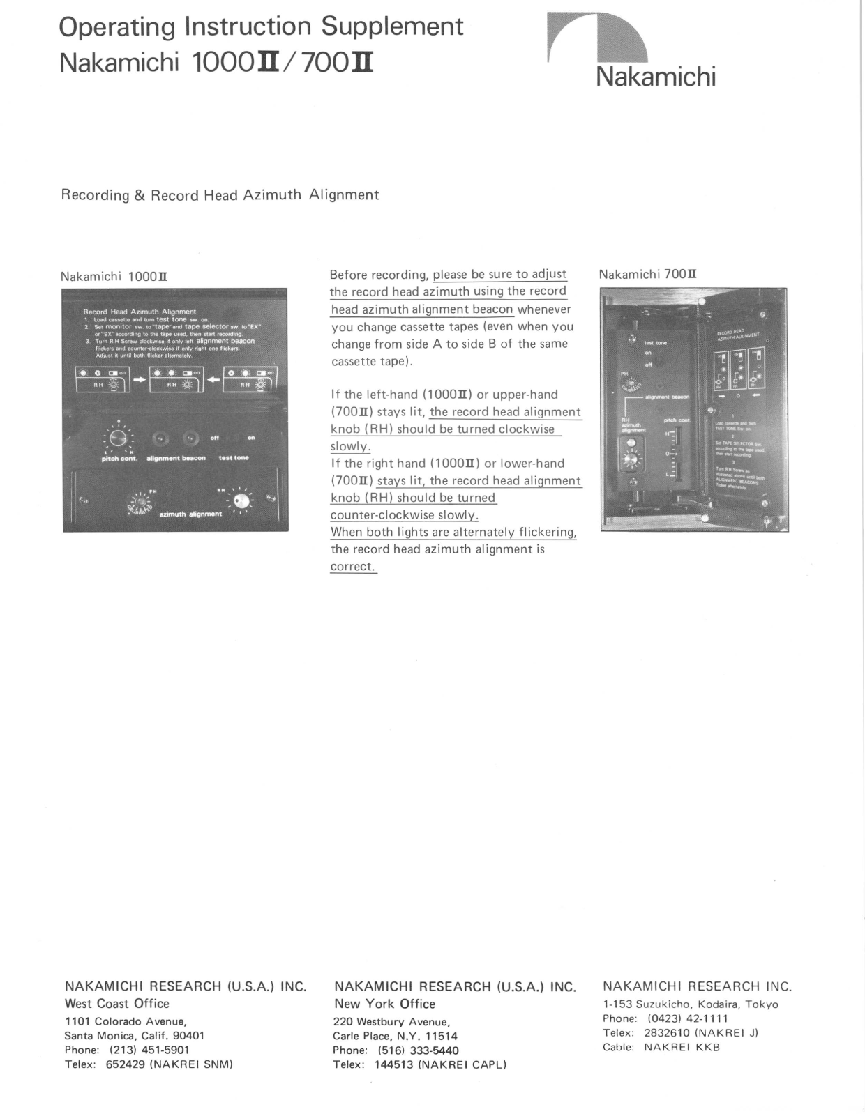 Nakamichi 700 Mk2, 1000 Mk2 Owners manual