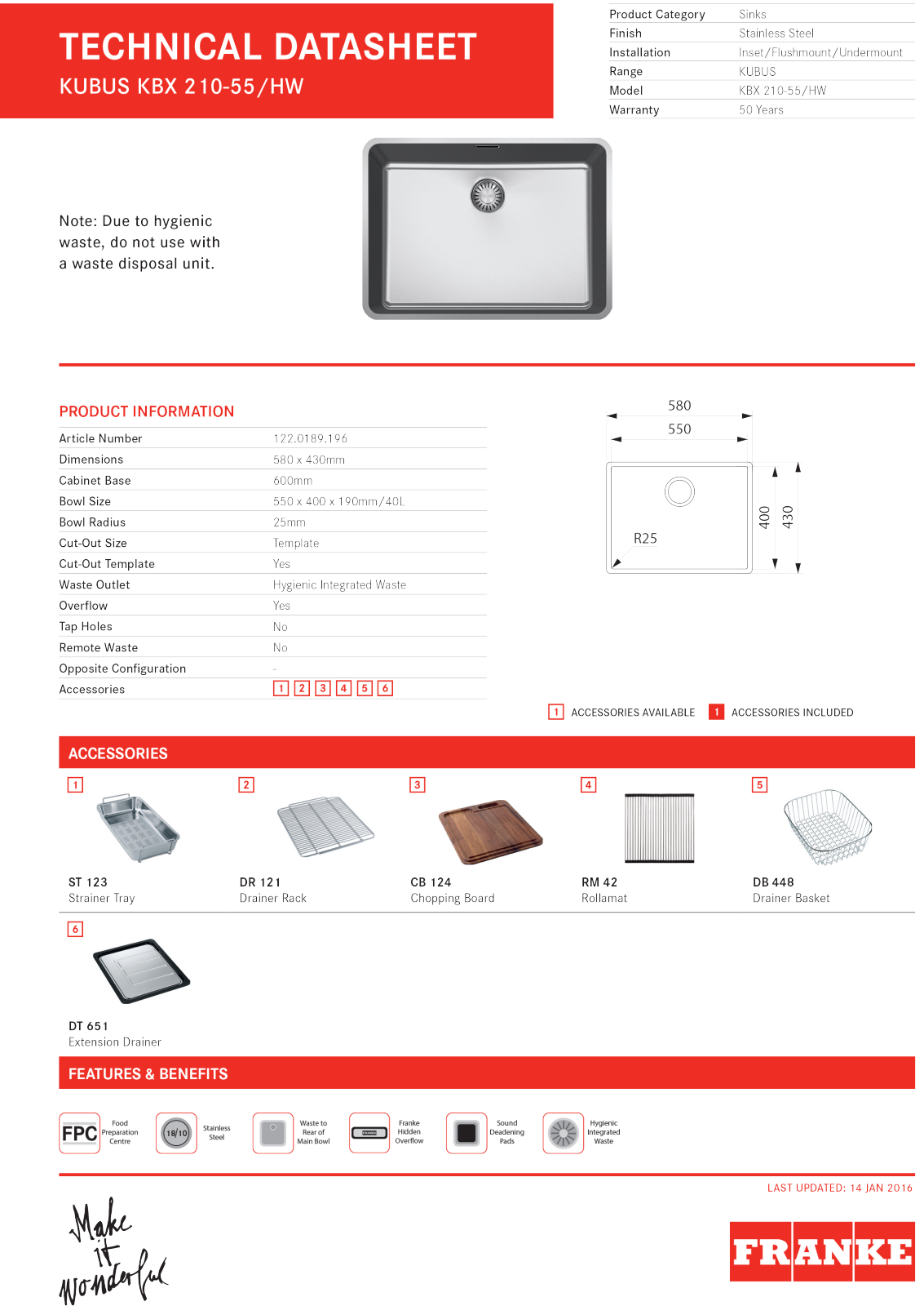 Franke KBX210-55-OF-B Specifications Sheet