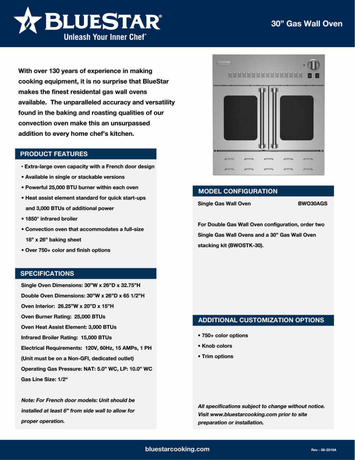 BlueStar BWO30AGSLCCPLT Specifications