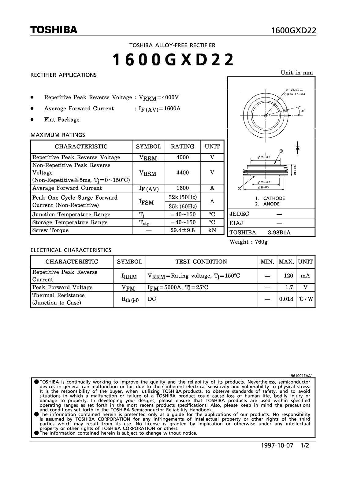 Toshiba 1600GXD22 Datasheet