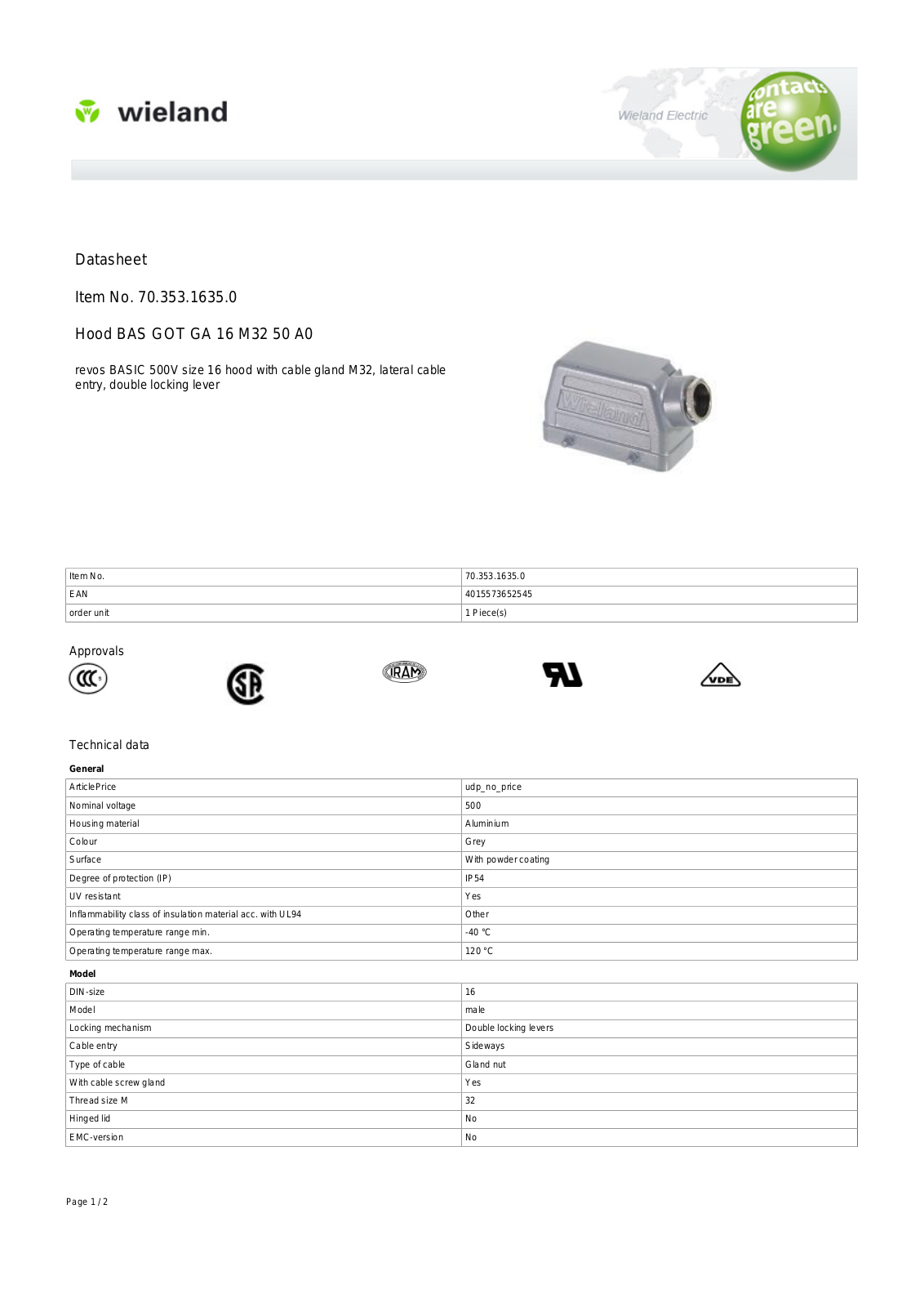 Wieland 70.353.1635.0 Data Sheet