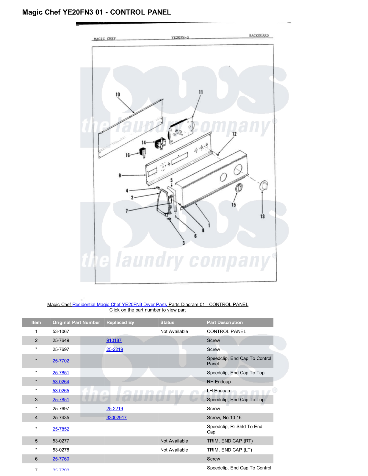 Magic Chef YE20FN3 Parts Diagram