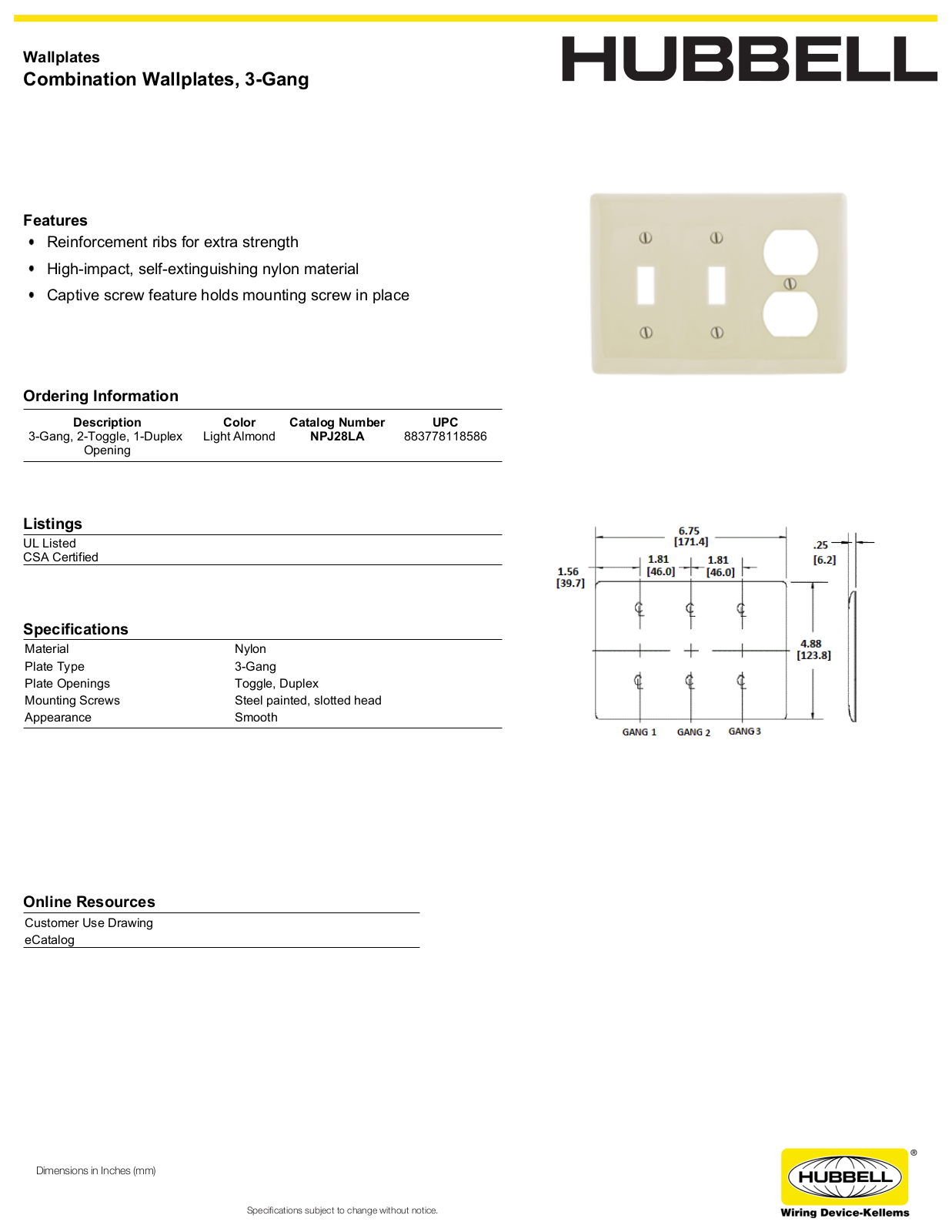 Hubbell NPJ28LA Specifications