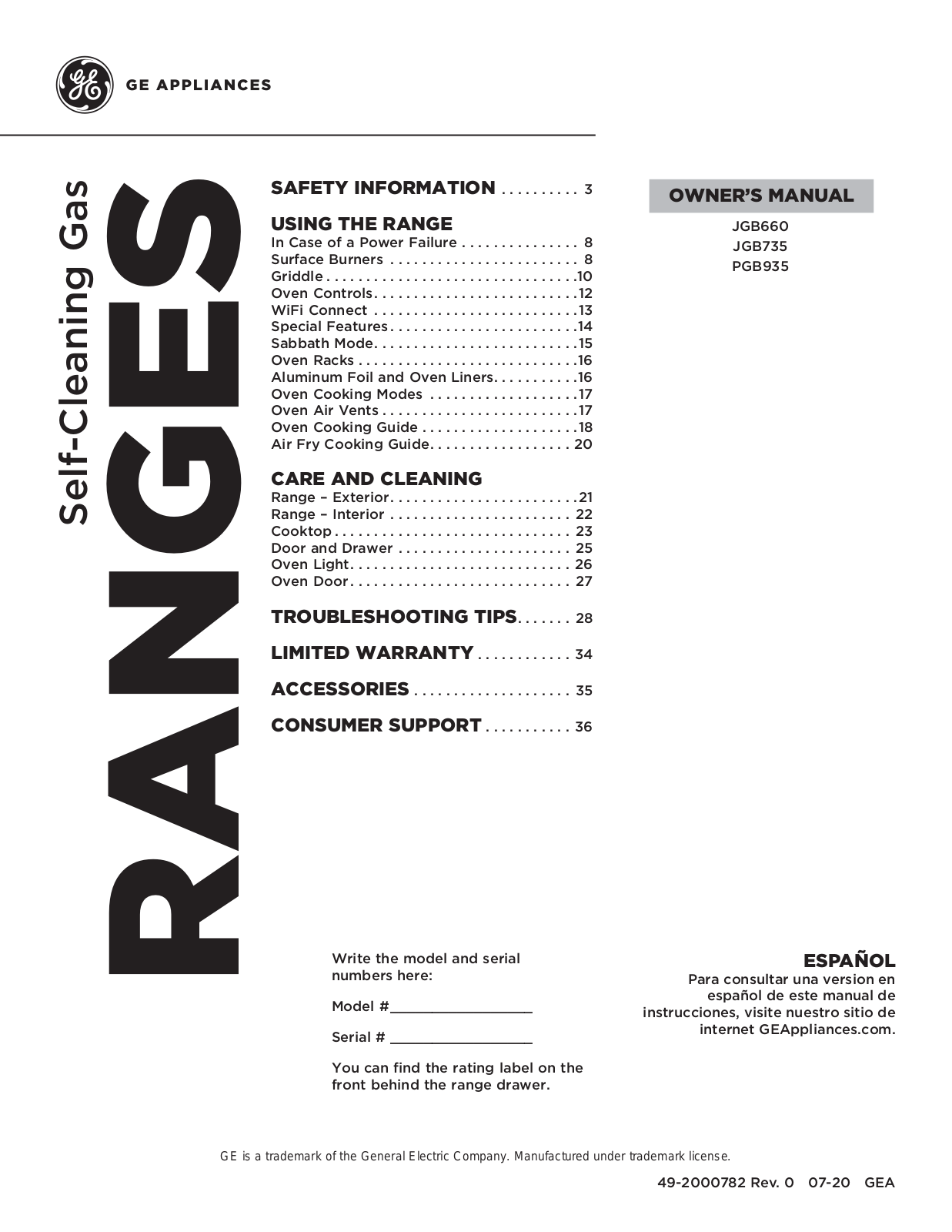 GE JCGB735SPSS, JCGB735EPES, JCGB735DPWW OWNER’S MANUAL