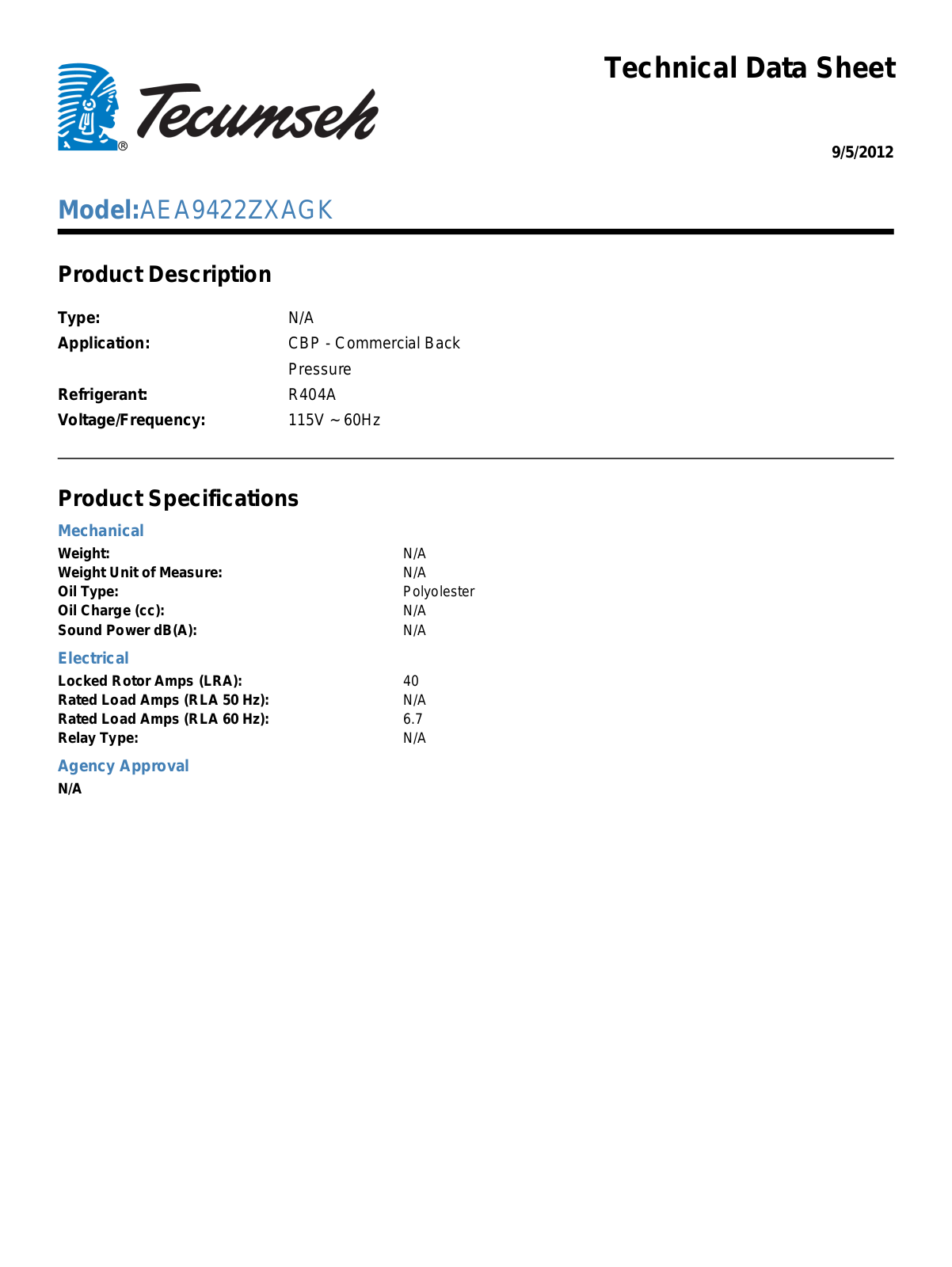 Tecumseh AEA9422ZXAGK User Manual