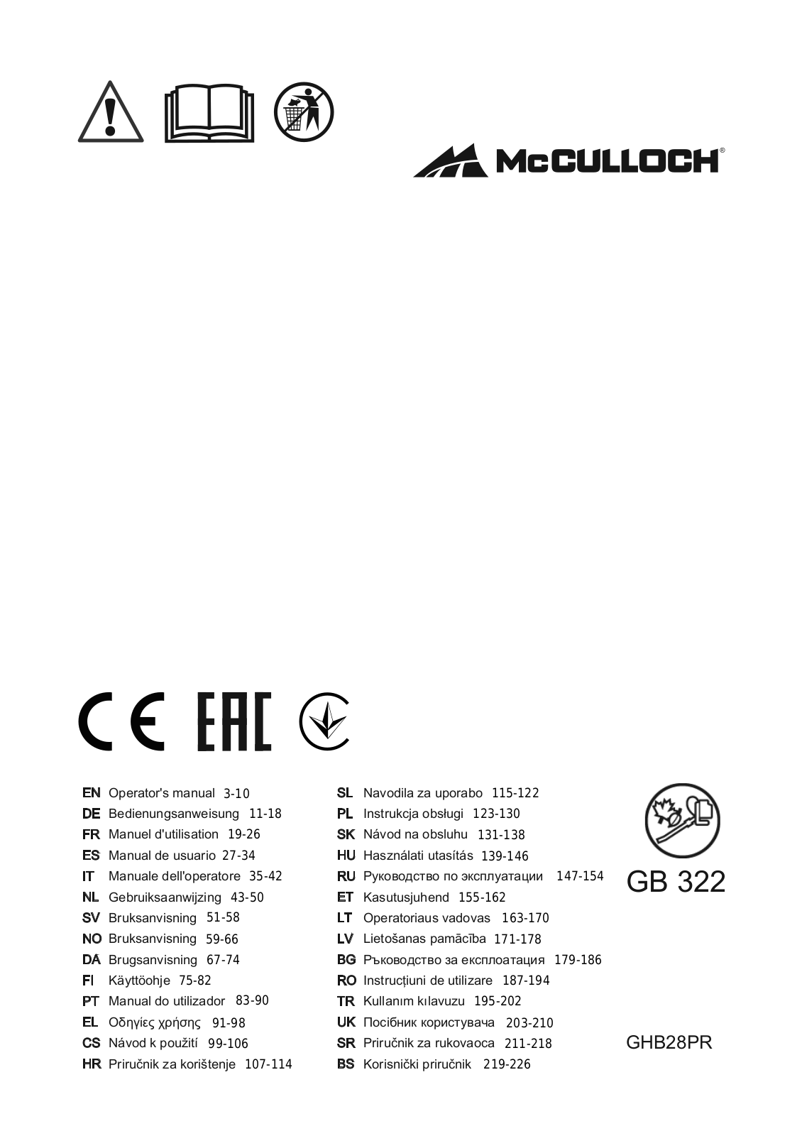 McCulloch GB322 User manual