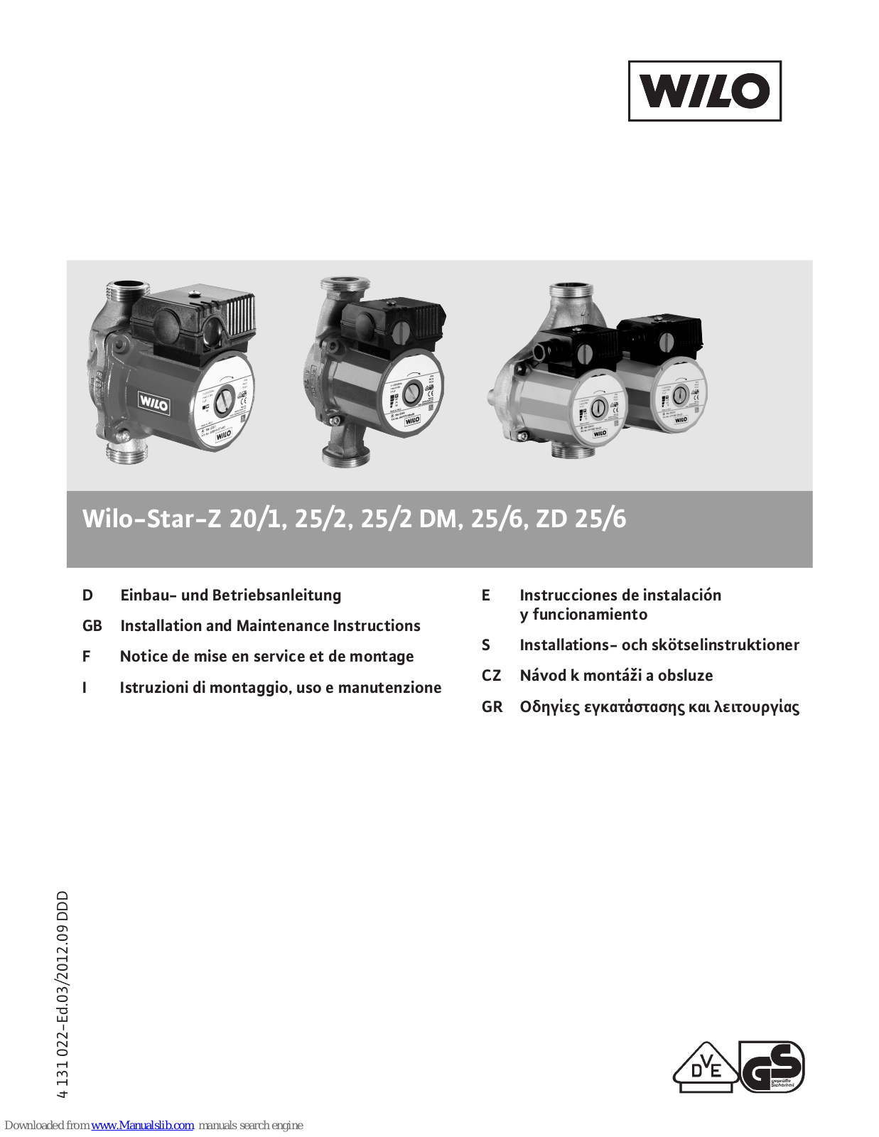 Wilo Star Z 25/2 DM, Star Z 25/2, Star Z 20/1, Star ZD 25/6, Star Z 25/6 Installation And Maintenance Instructions Manual