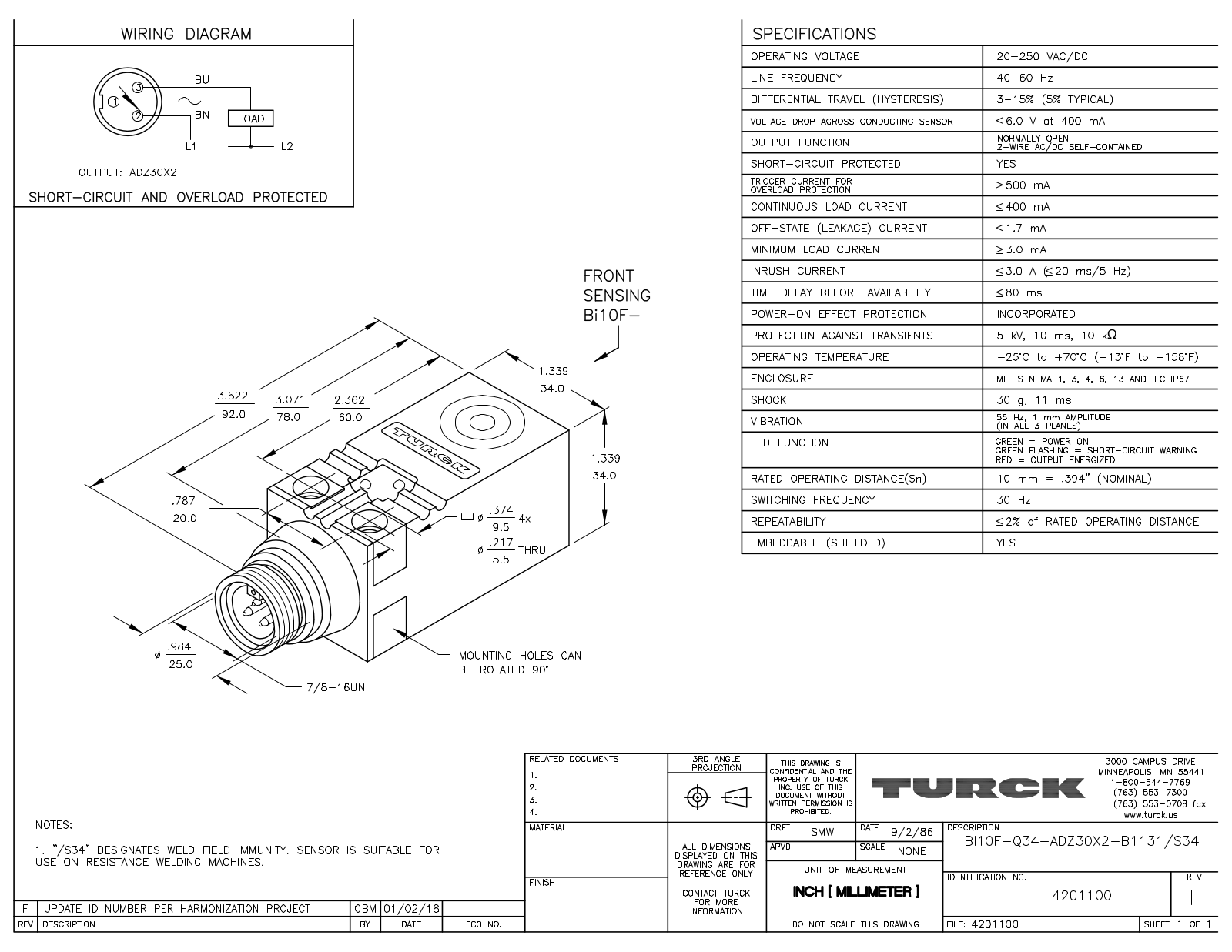 Turck BI10F-Q34-ADZ30X2B1131S34 Data Sheet