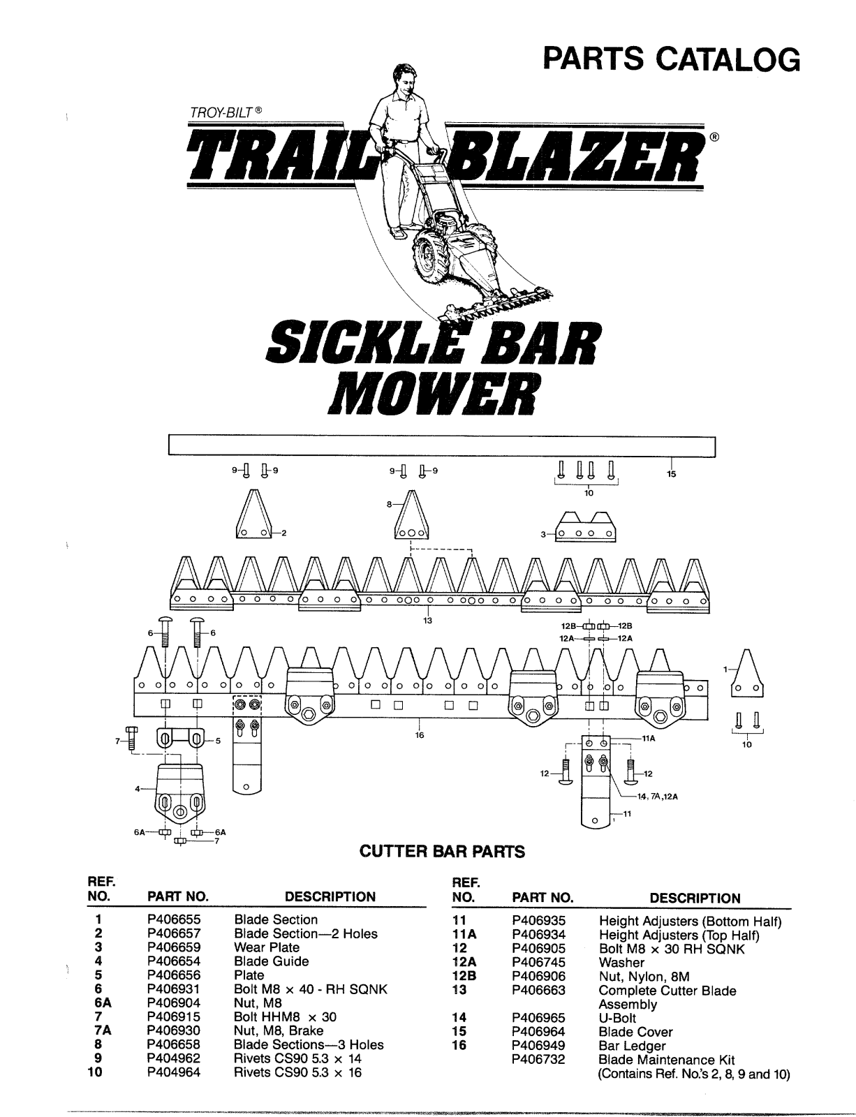 troy bilt sickle bar mover PARTS LIST