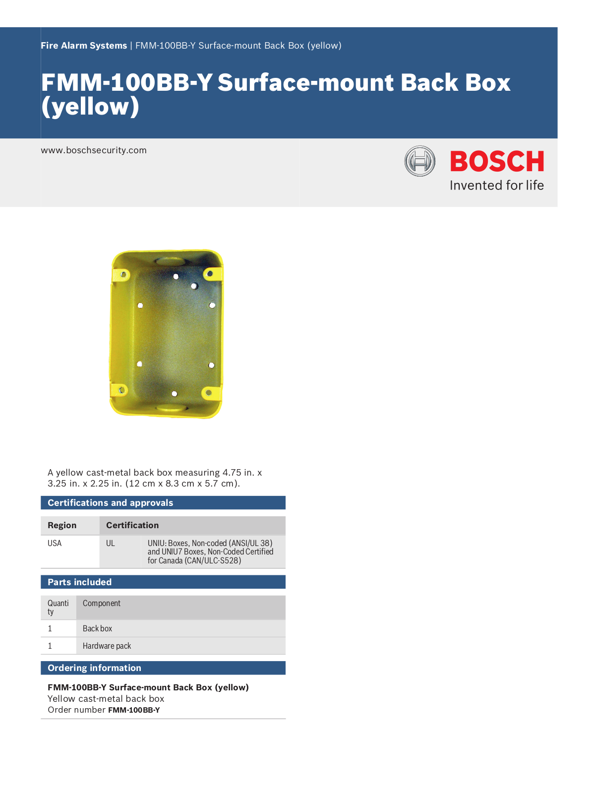 Bosch FMM-100BB-Y Specsheet