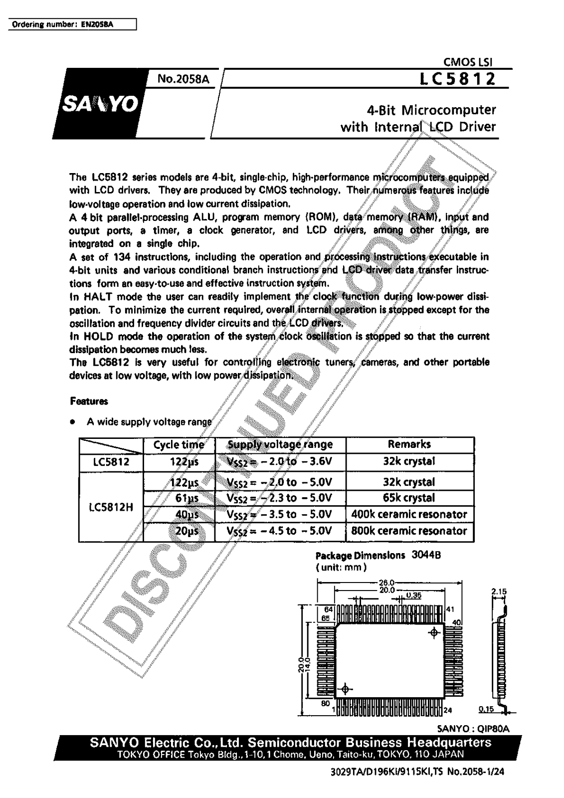 Sanyo LC5812H Specifications