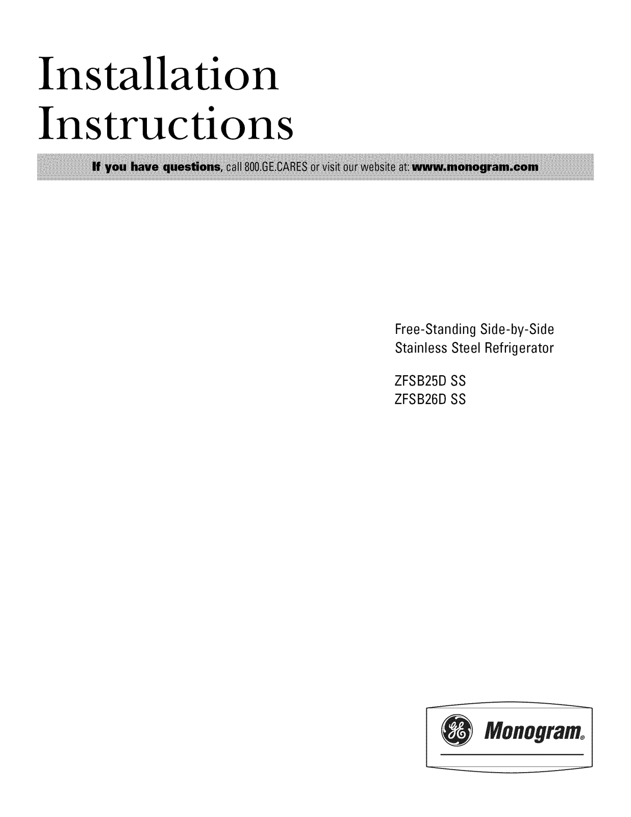 GE ZFSB25DMASS, ZFSB25DMDSS, ZFSB25DTBSS, ZFSB25DTGSS, ZFSB26DRBSS Installation Guide - ManualMachine.com