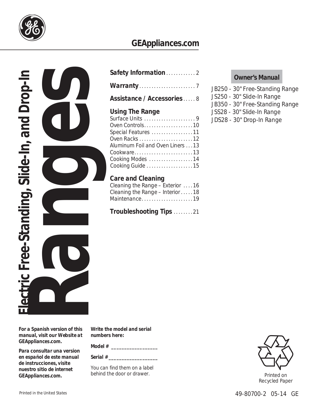 GE JS250DFCC, JSS28DFBB Use & Care Guide