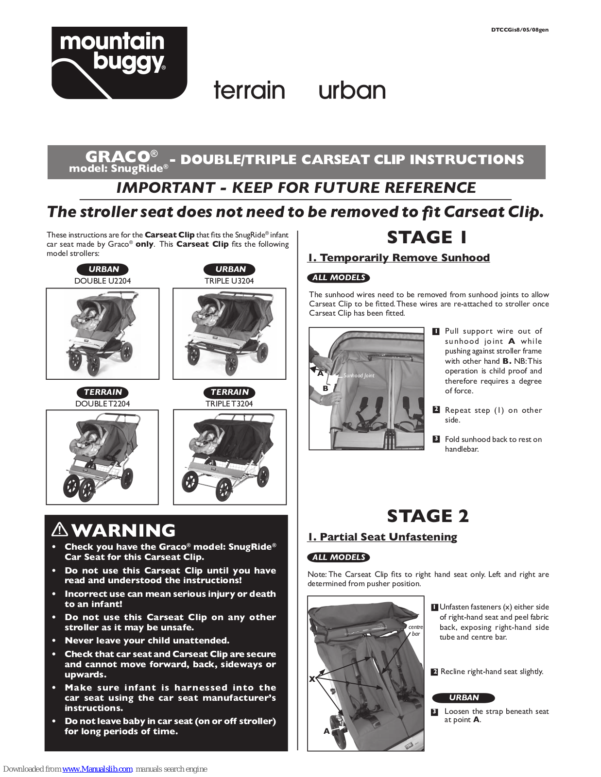 Mountain Buggy URBAN DOUBLE U2204, URBAN TRIPLE U3204, TERRAIN DOUBLE T2204, TERRAIN TRIPLE T3204 Instructions Manual