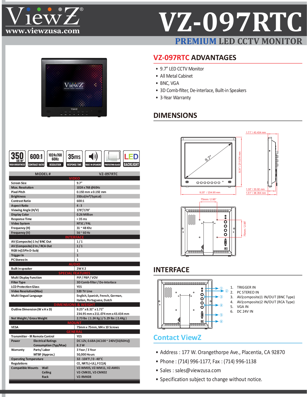 ViewZ VZ-097RTC Specsheet