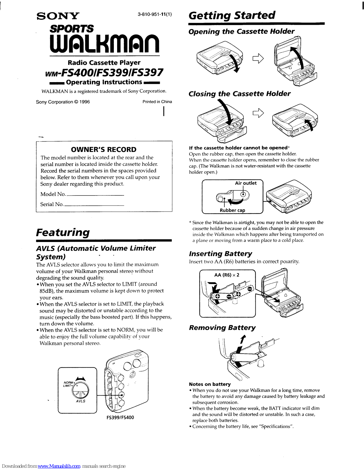 Sony Sports Walkman WM-FS400, Sports Walkman WM-FS397, Sports Walkman WM-FS399 Operating Instructions Manual