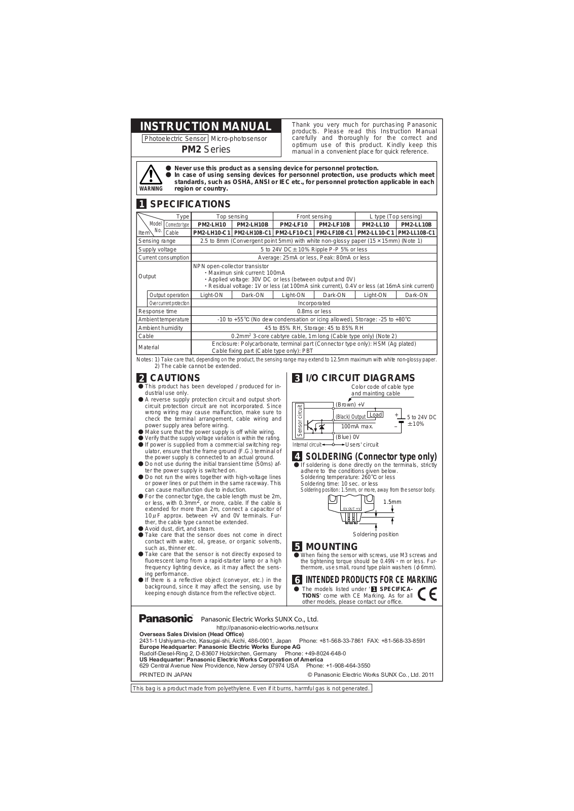 Panasonic PM2 Series INSTRUCTION MANUAL