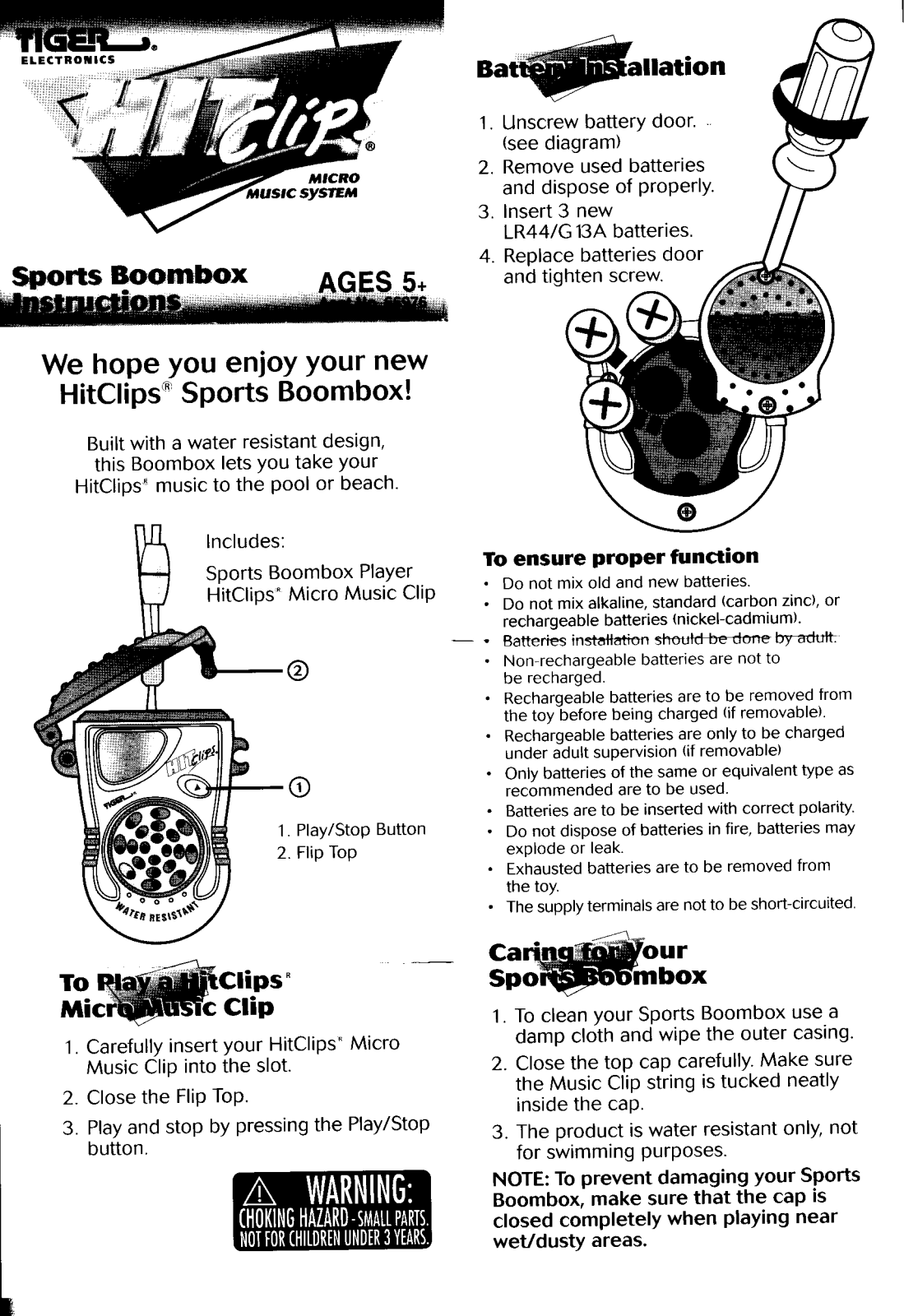 Tiger Electronics Hitclips Sports Boombox User Manual