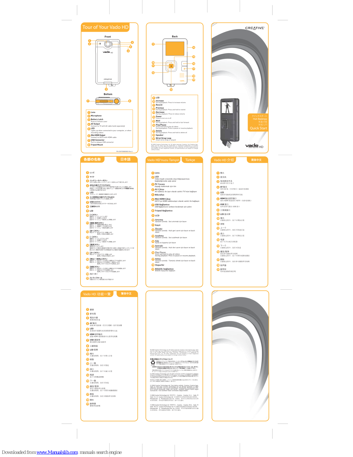 Creative Vado HD 2nd Gen, VADO HD - QUICK GUIDE 1, VADO HD - QUICKSTART FRONT, Vado HD Quick Start Manual