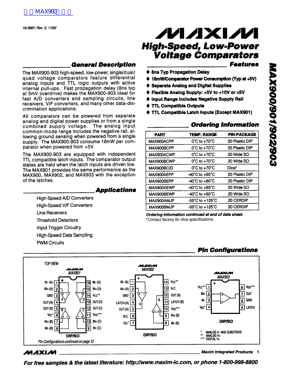 MAXIM MAX900, MAX901, MAX902, MAX903 Technical data