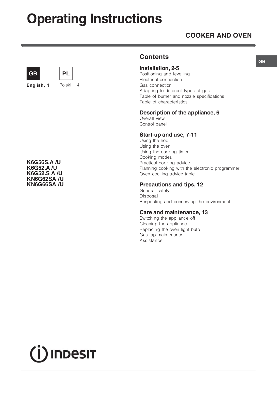 Indesit K6G56S.A /U, K6G52.A /U, K6G52.S A /U, KN6G62SA /U, KN6G66SA /U Operating Instructions Manual