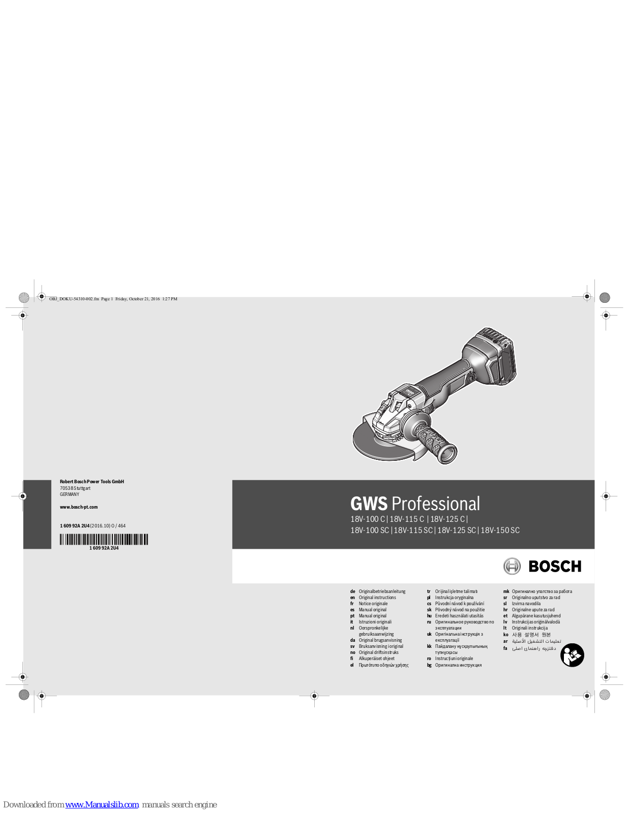 Bosch GWS 18V-100 C Professional, GWS 18V-115 C Professional, GWS 18V-125 C Professional, GWS 18V-100 SC Professional, GWS 18V-115 SC Professional Original Instructions Manual