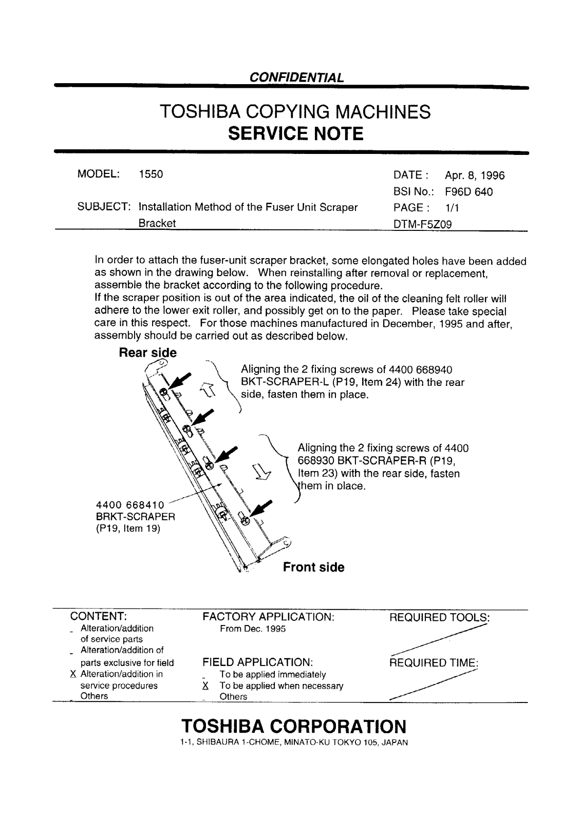 Toshiba f96d640 Service Note