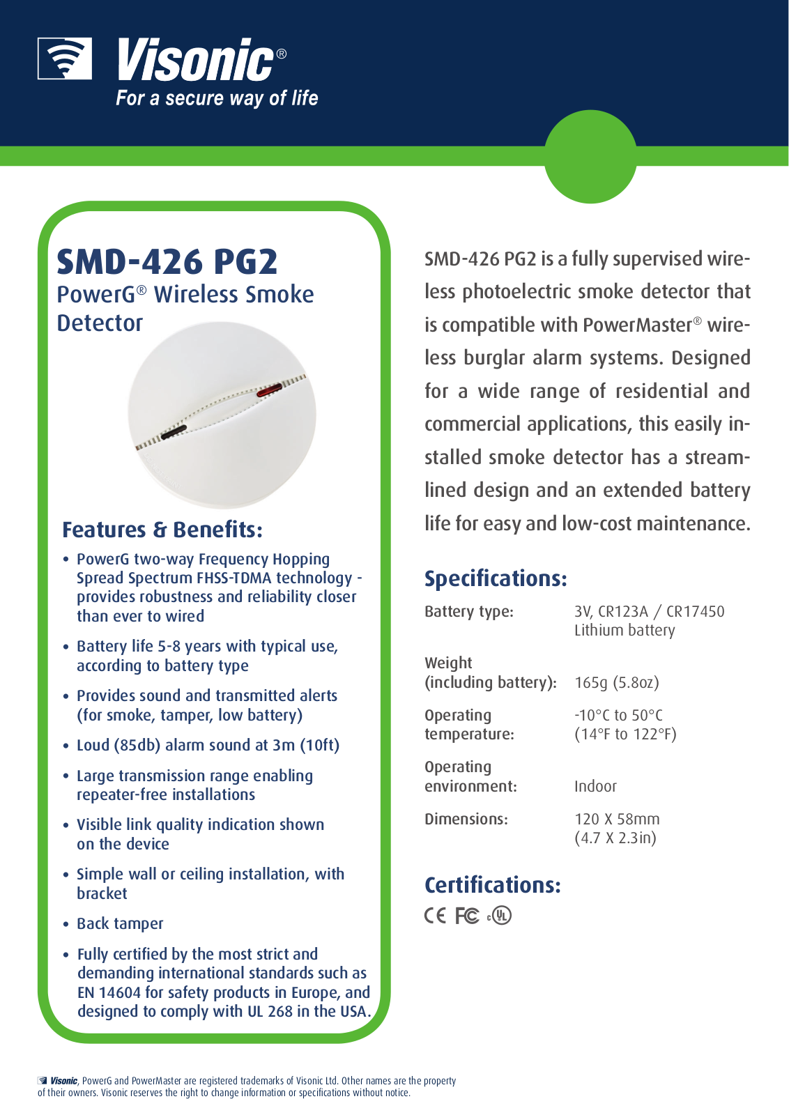 Visonic SMD-426 PG2 Specsheet