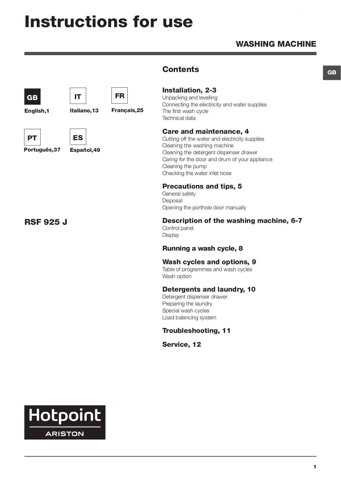 Hotpoint Ariston RSF 925 J Instructions For Use Manual