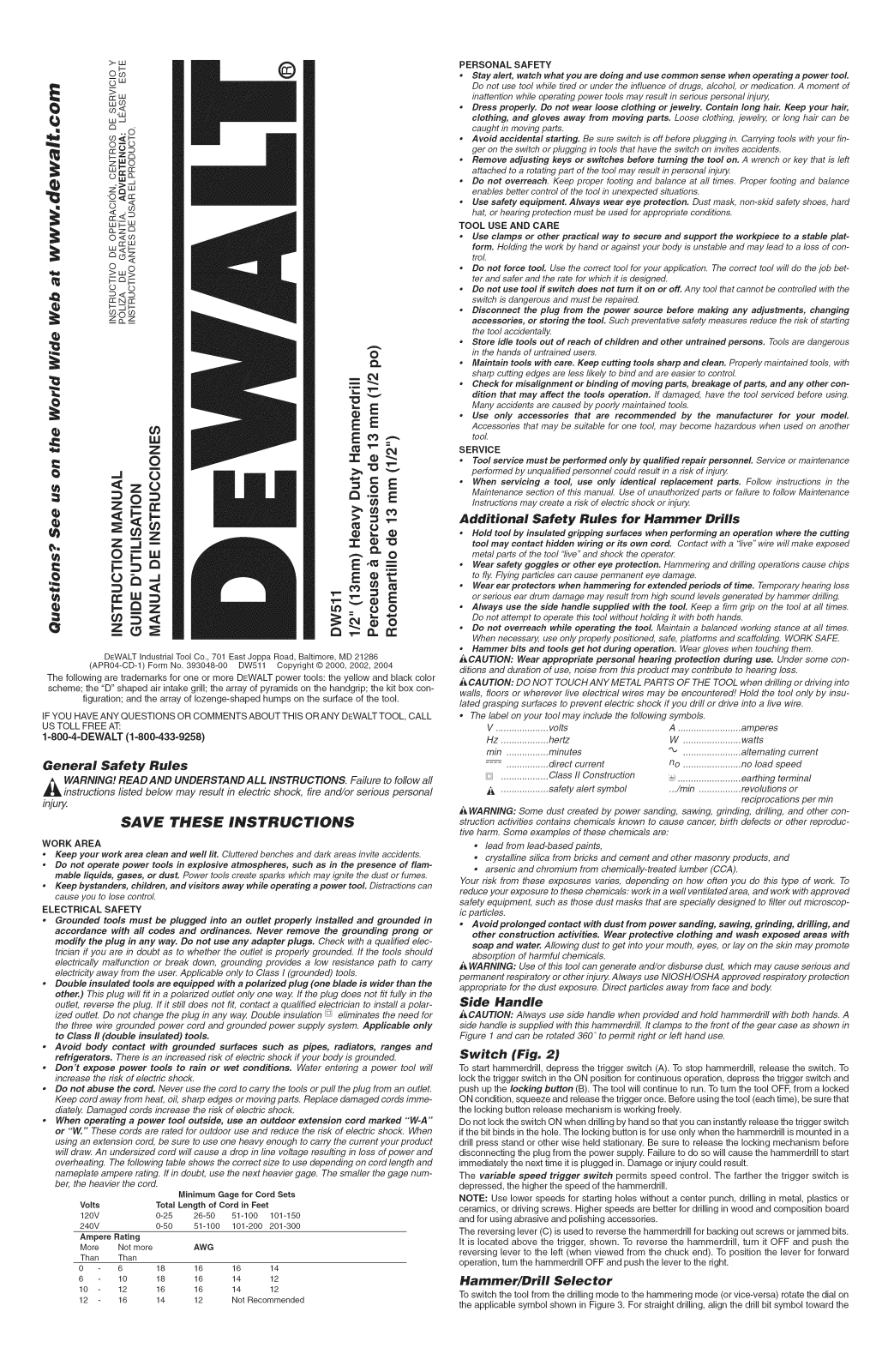 DeWalt DW511 TYPE 1, DW511 TYPE 2 Owner’s Manual