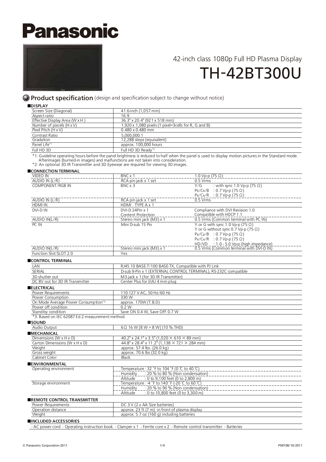 Panasonic TH-42BT300U Specification