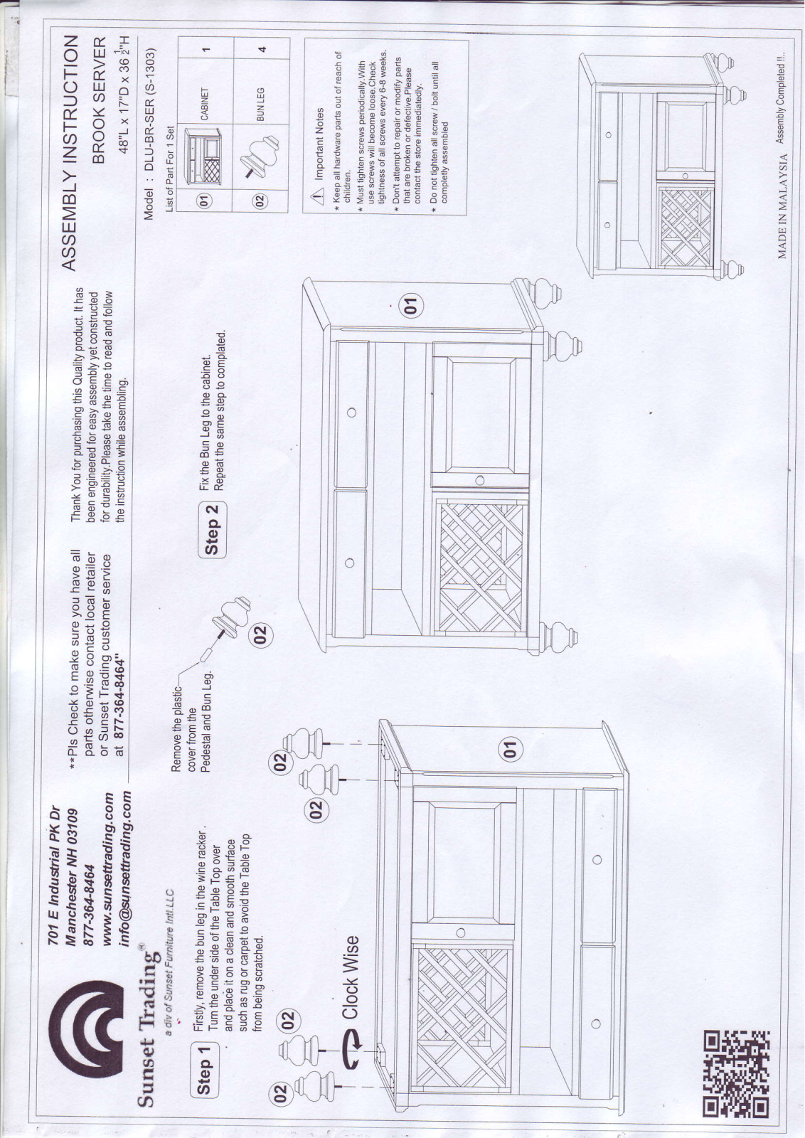 Sunset Trading DLUBRSERPW Assembly Guide