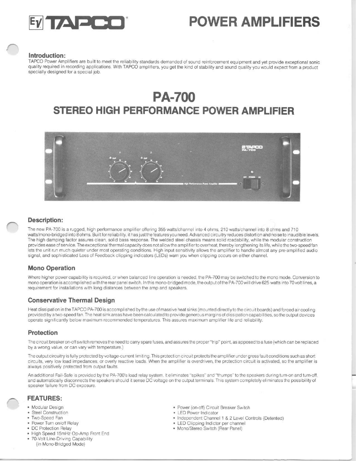 Tapco PA-700 Brochure