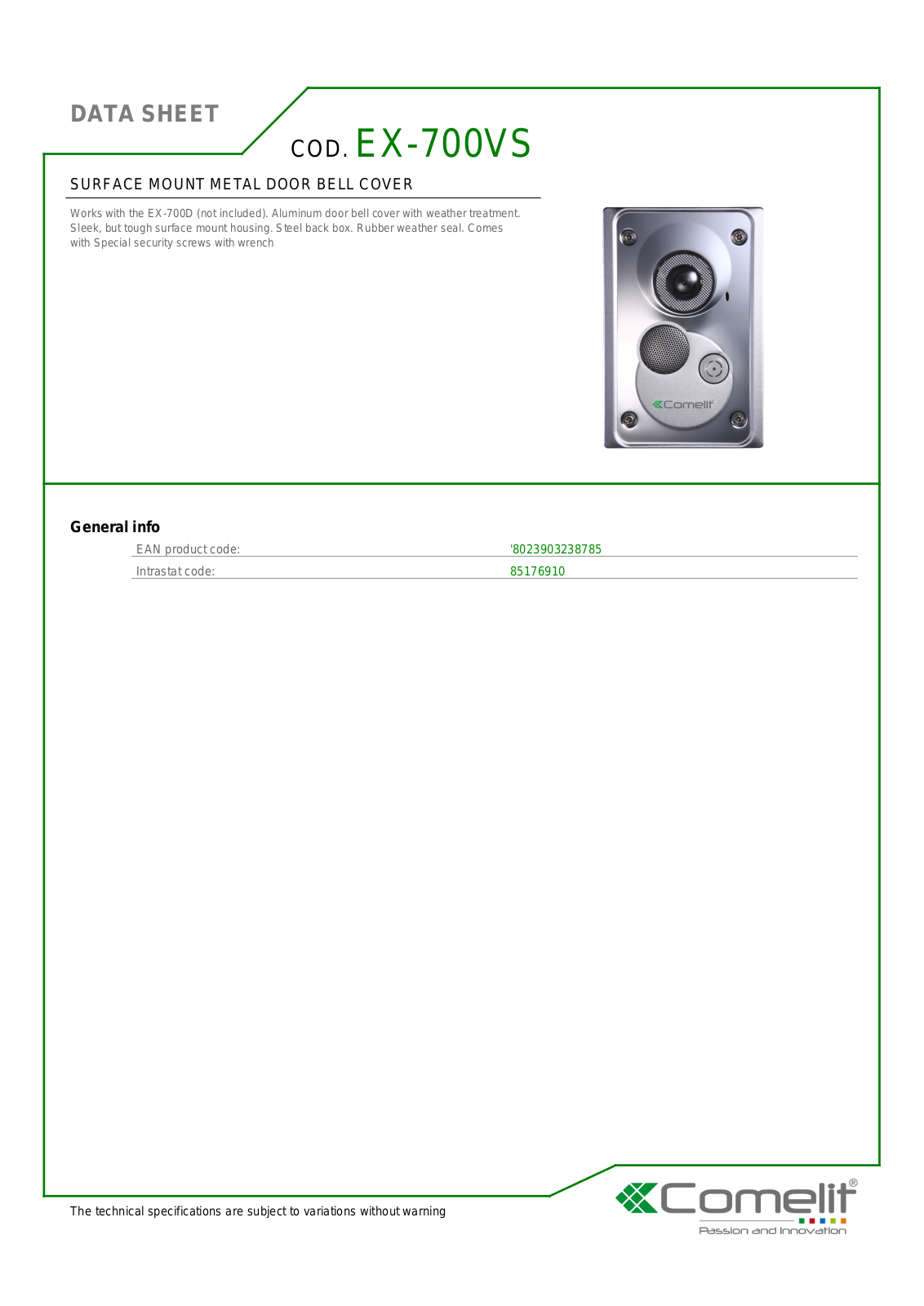 Comelit EX-700VS Specsheet