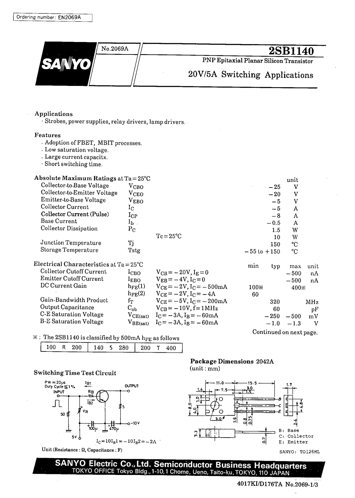 SANYO 2SB1140 Datasheet