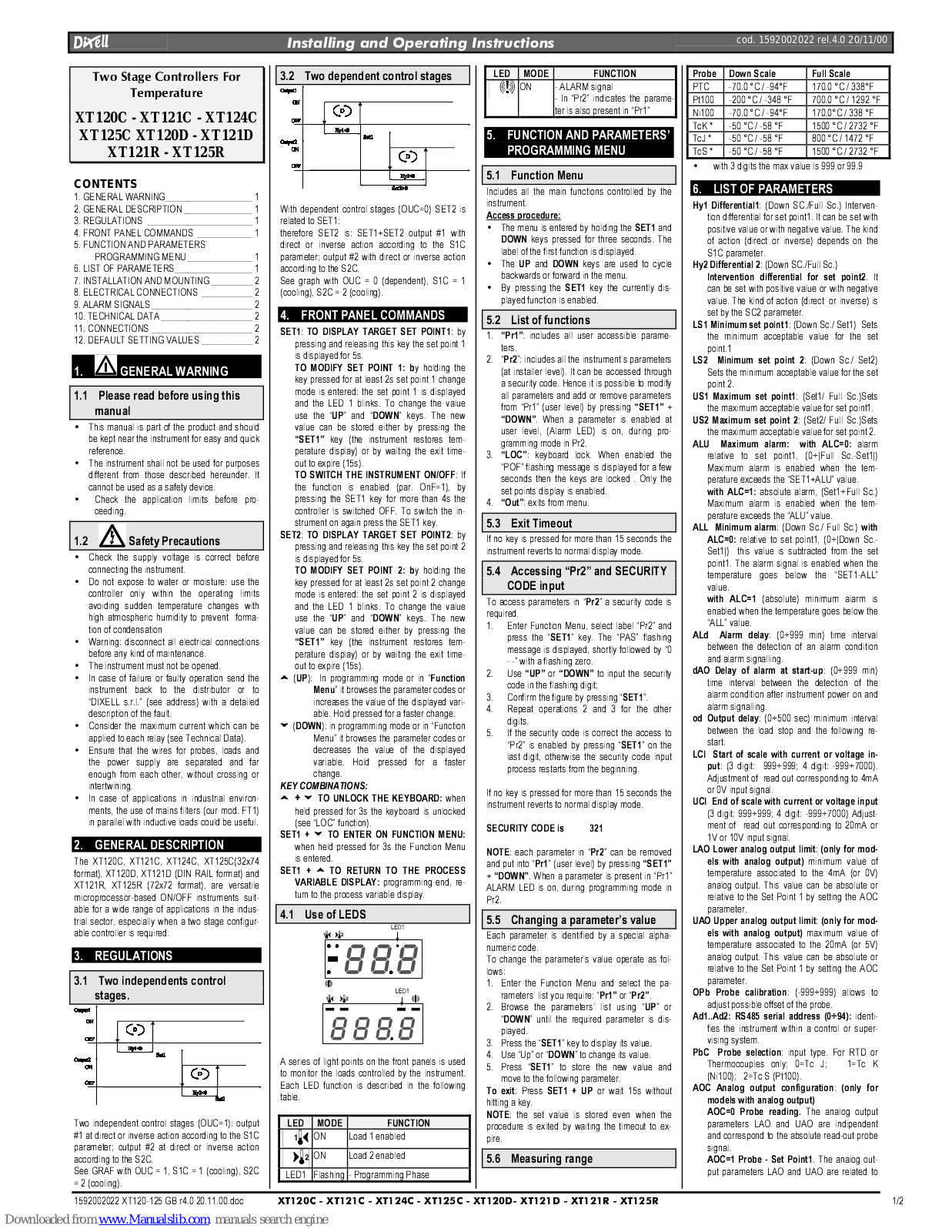 dixell XT120C, XT125C, XT121C, XT120D, XT124C Installation And Operating Instructions Manual