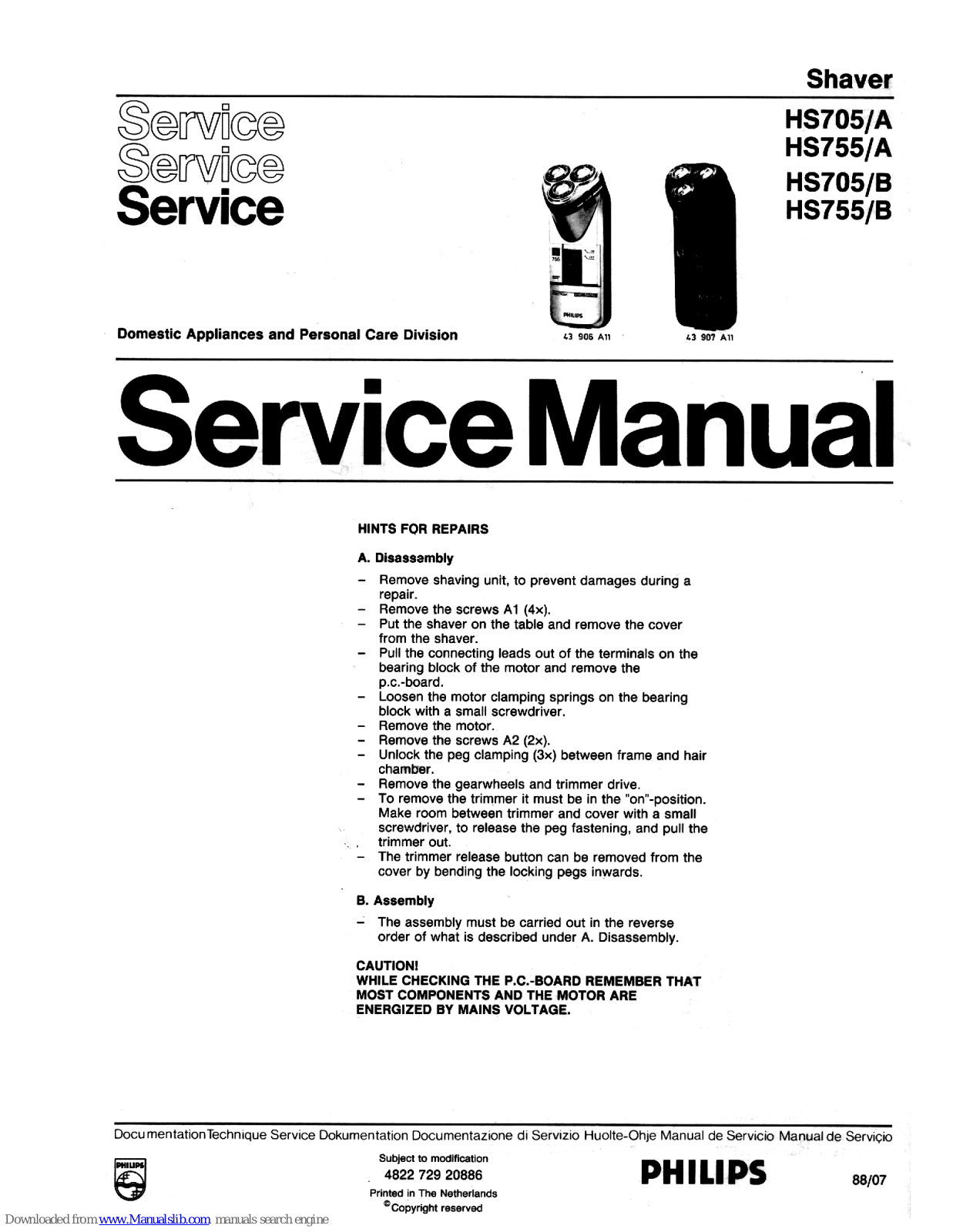 Philips HS705/A, HS755/A, HS705/B, HS755/B Service Manual