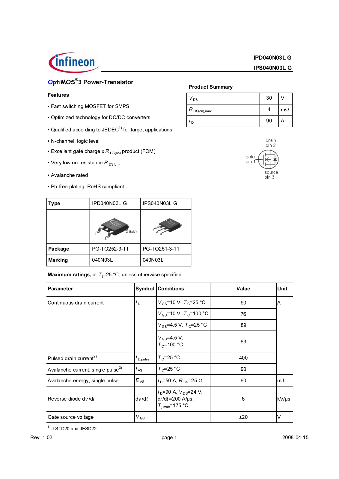 Datasheet ipd040n03lg_rev1[1].02 Datasheet - ManualMachine.com