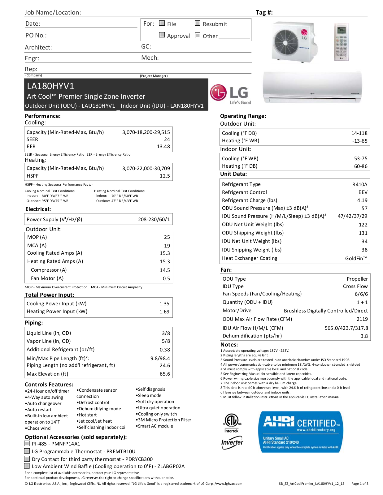 LG LANXX0HYV1, LAU180HYV1 Specifications