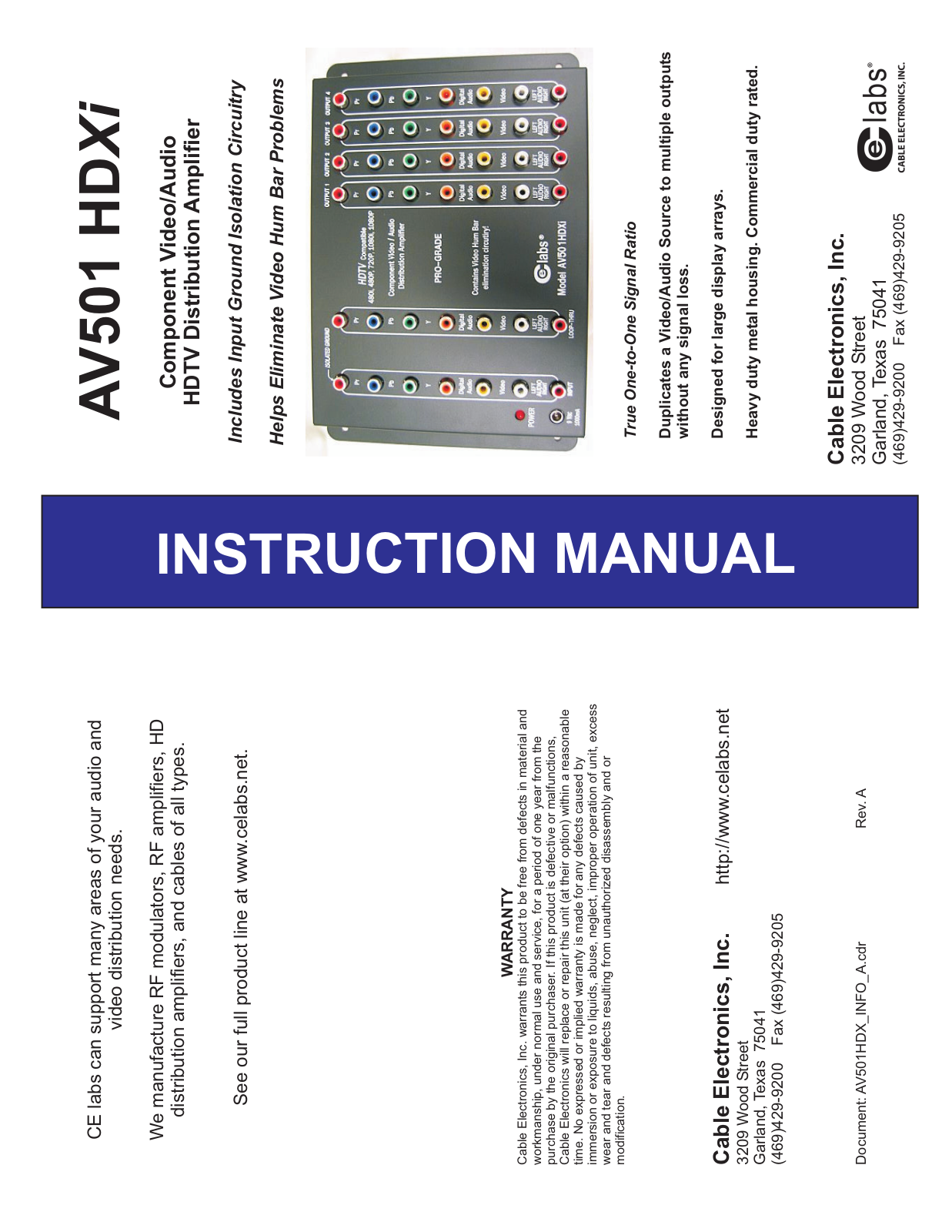 Cable Electronics AV501HDXi User Manual