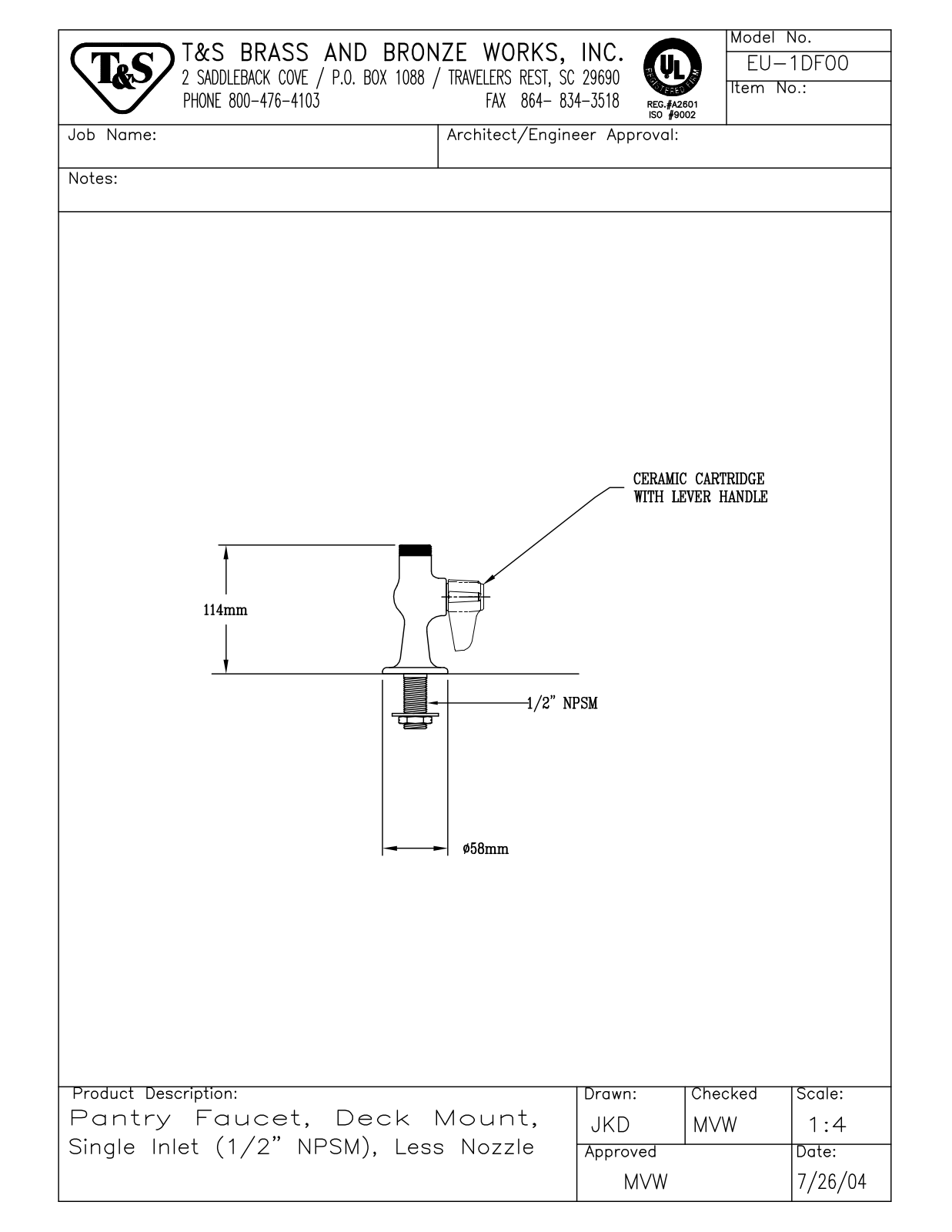 T&S Brass EU-1DF00 User Manual